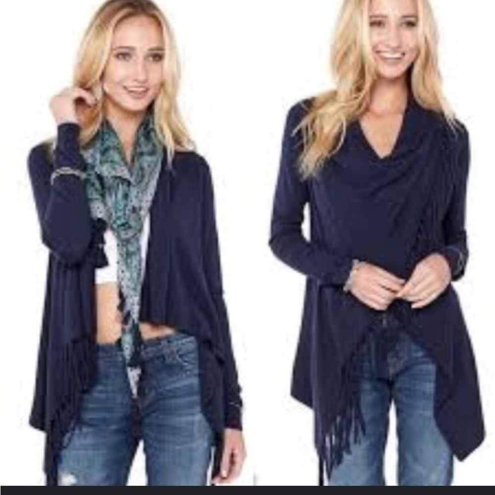 Love Stitch Fringed Shawl Sweater in Navy Blue